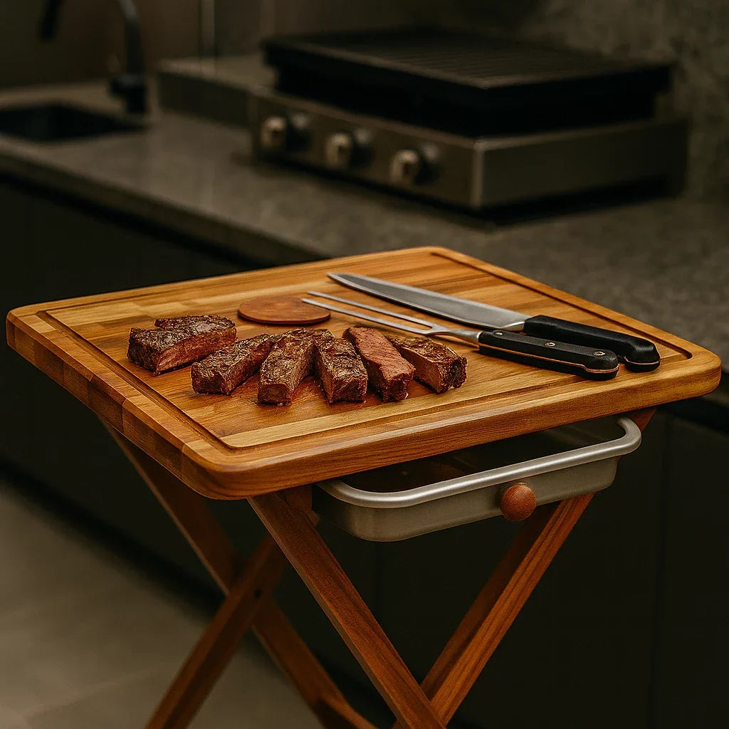 Kit Churrasco Completo 3 em 1 – Mesa Dobrável + Frigideira Inox + Kit Tramontina